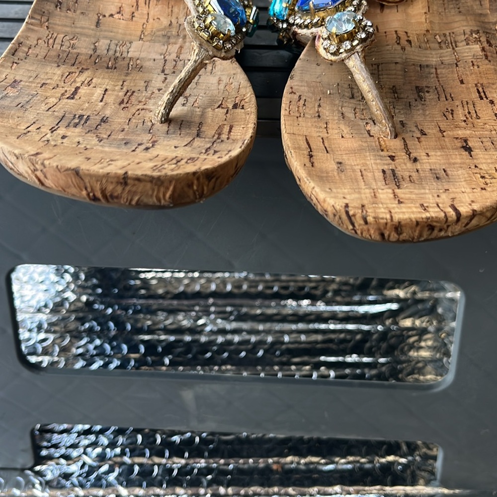 Cynthia Rowley Tan and Blue Sandals with Embellishments - Picture 9 of 14